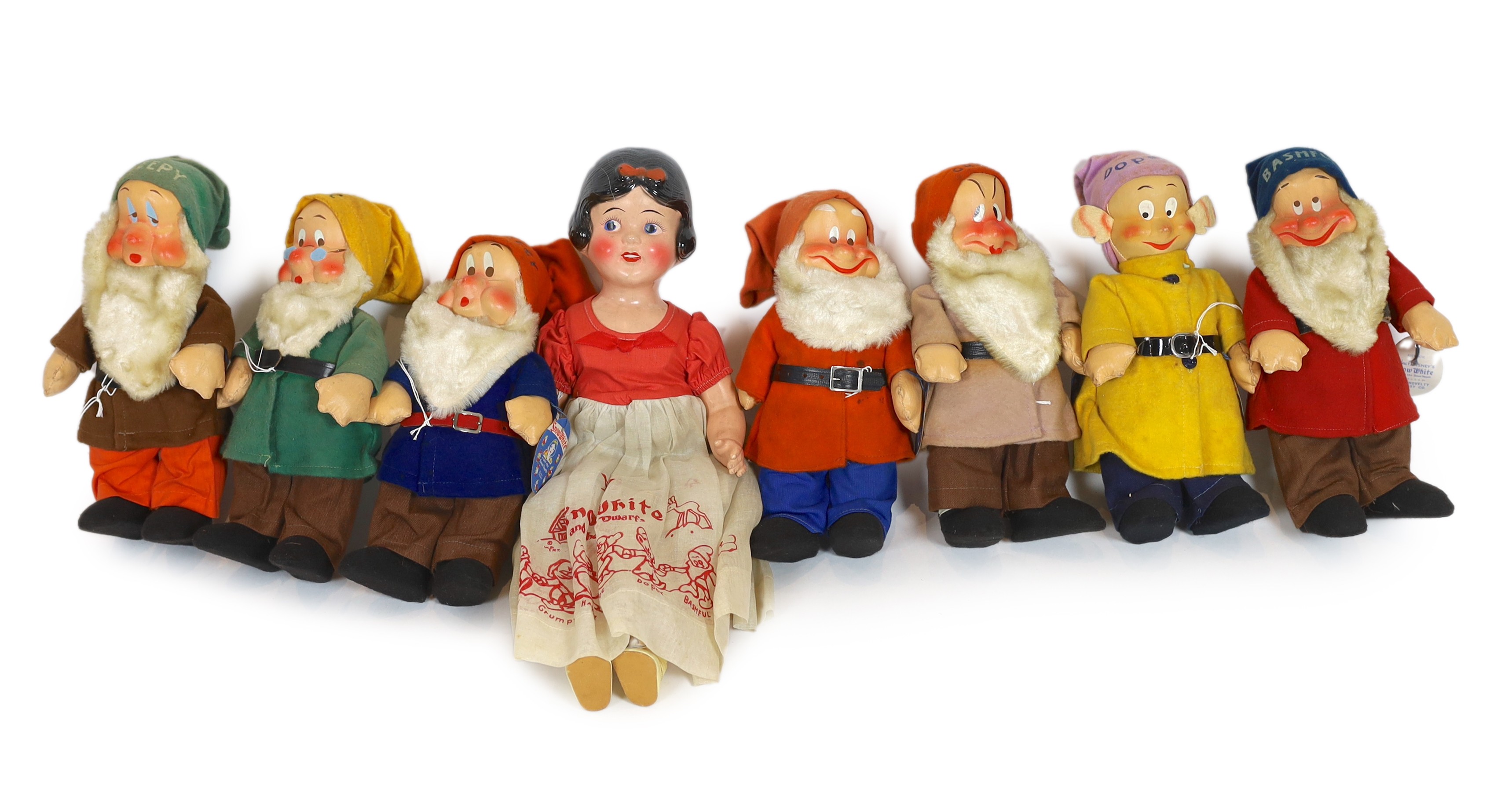 Snow White and the Seven Dwarfs, Ideal Novelty and Toy Co., US., copyright 1937, painted composition with coloured felt clothing, each rare in original box